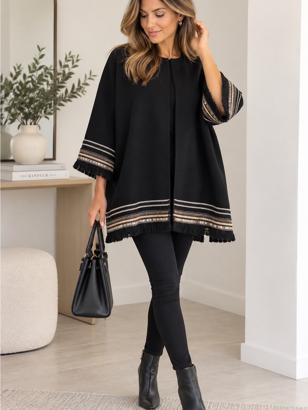 Zara Black Fringe-Trim Embellished Swing Cardigan